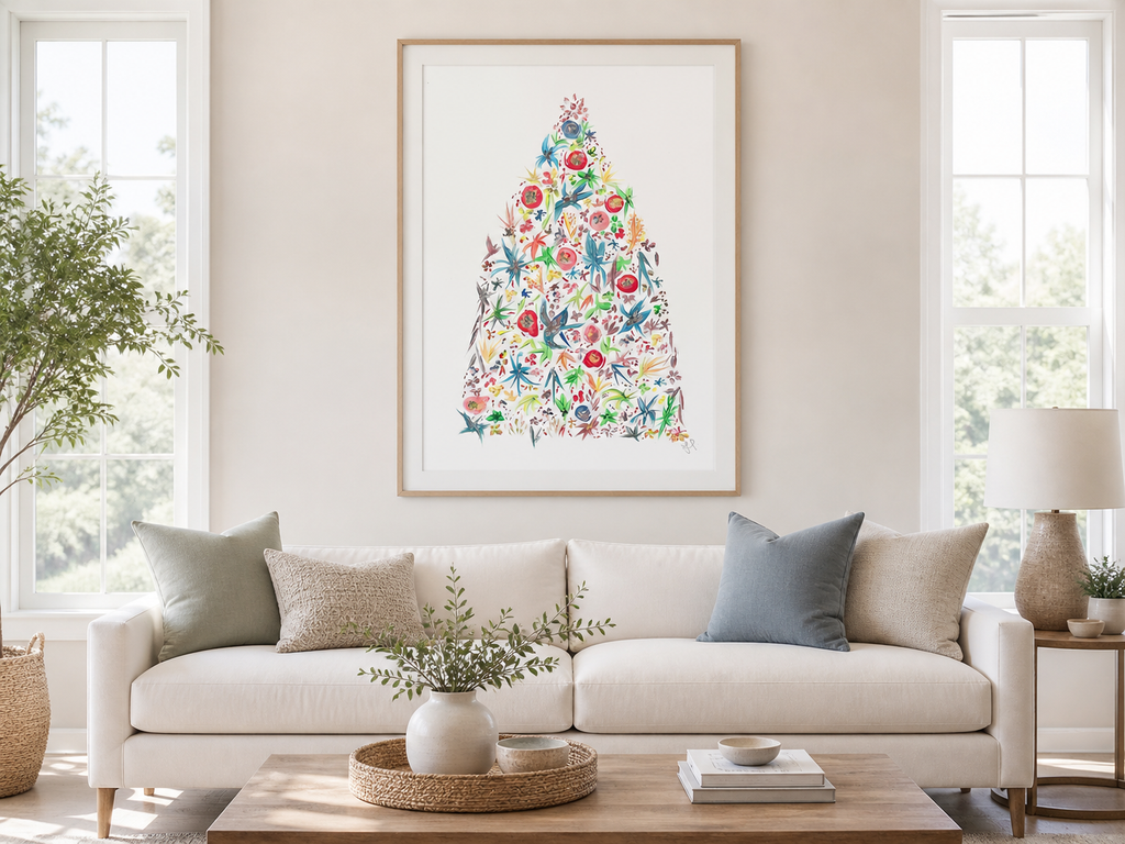 Modern art in living room with a white sofa, decorative pillows. Home decor ideas with art with flowers.