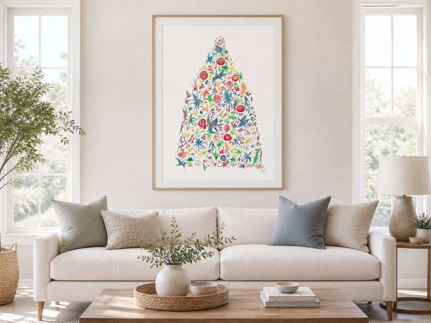 Modern art in living room with a white sofa, decorative pillows. Home decor ideas with art with flowers.