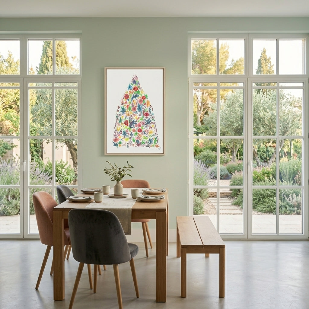 Framed art print featuring a colorful floral tree on a white background, hung on a light sage green wall above a wooden dining table with chairs in a bright, modern dining room for unique home decor ideas.