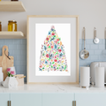 Contemporary framed artwork of a colorful Christmas tree in a kitchen. Modern floral art.