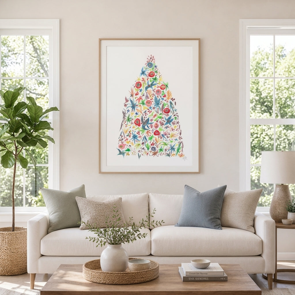 Framed art floral print featuring a colorful, tree made of flower illustrations, displayed on a beige wall above a white sofa in a bright, modern living room. Thought-provoking art.