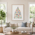 Framed art floral print featuring a colorful, tree made of flower illustrations, displayed on a beige wall above a white sofa in a bright, modern living room. Thought-provoking art.