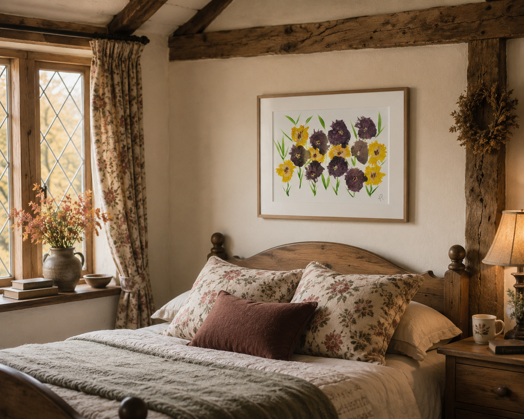 Cozy bedroom with floral art on the wall. Painting by a countryside artist to complement bedroom decor of wooden bed, lamp and vase of flowers.

