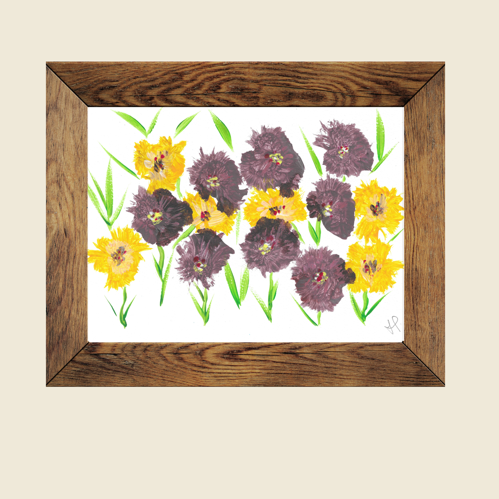 Framed floral artwork of yellow and purple flowers on a white background