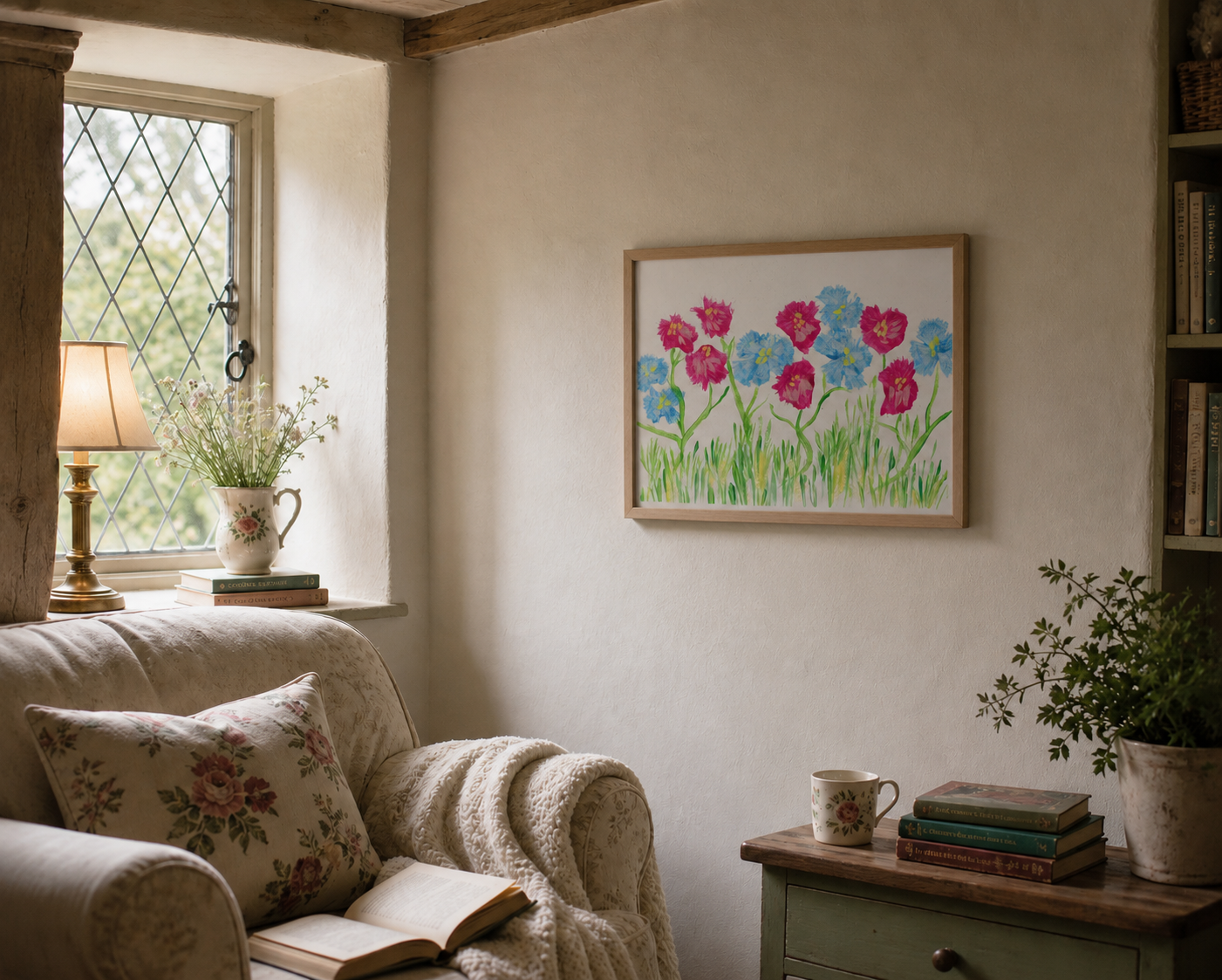 Cozy living room with a floral flower painting, books, and a lamp.