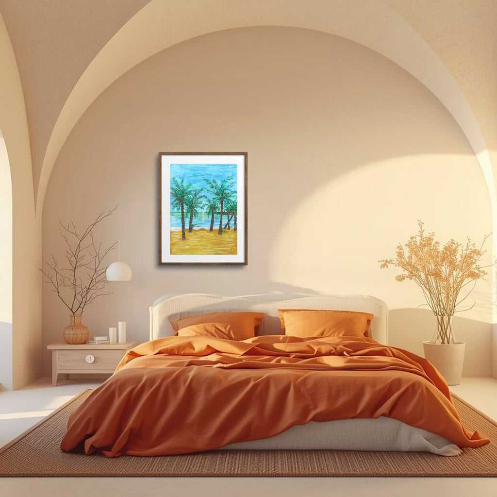 Coastal style bedroom with Mediterranean wall art beach scene by moonlight.
