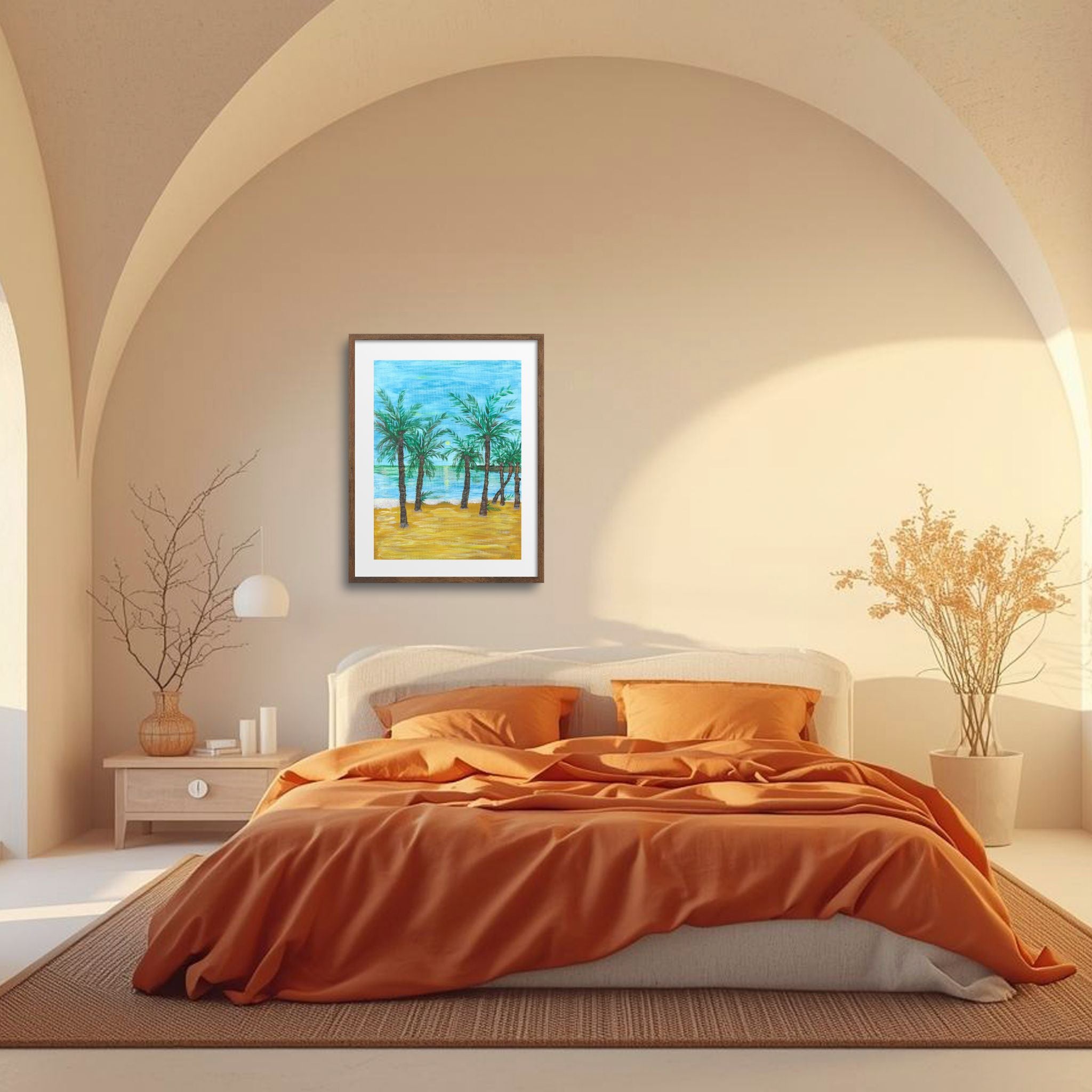 Coastal style bedroom with Mediterranean wall art beach scene by moonlight.
