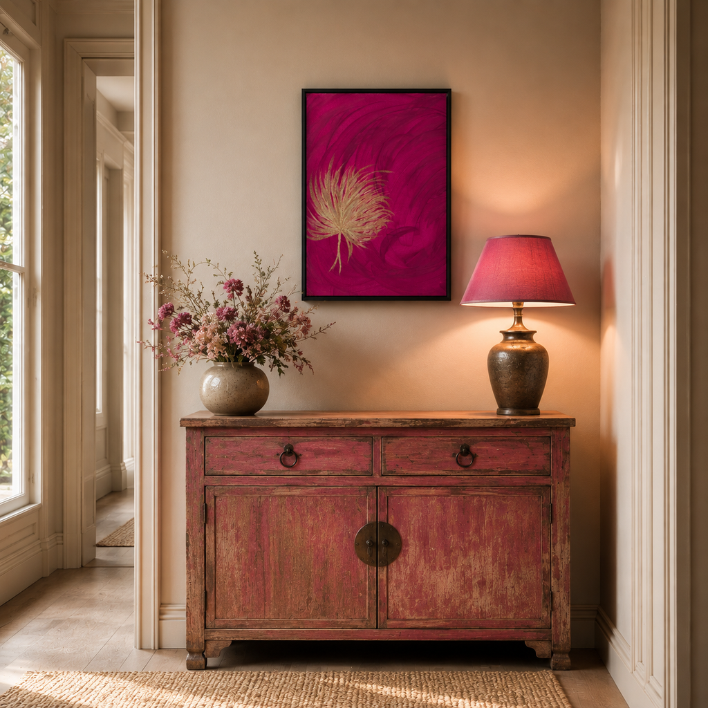 Contemporary art in hallway. Pink and gold tones for traditional home decor ideas with a modern twist. Distressed dresser with pink lamp for a relaxing space.