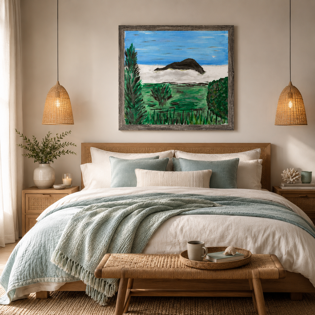 Boho bedroom with a bed, coastal artwork on the wall, and a bench with a tray. Room decor with natural accents.
