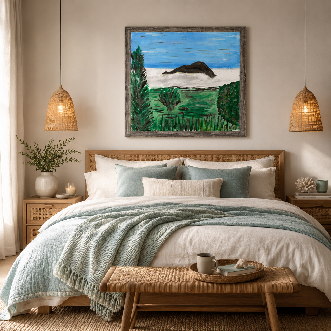 Boho bedroom with a bed, coastal artwork on the wall, and a bench with a tray. Room decor with natural accents.
