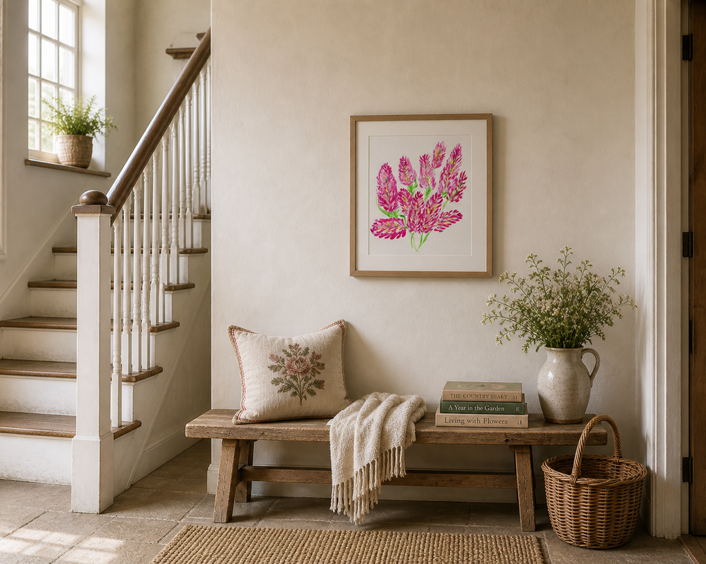 Pink flower print on a beige wall with hall decor. Floral flower painting to complement home design.
