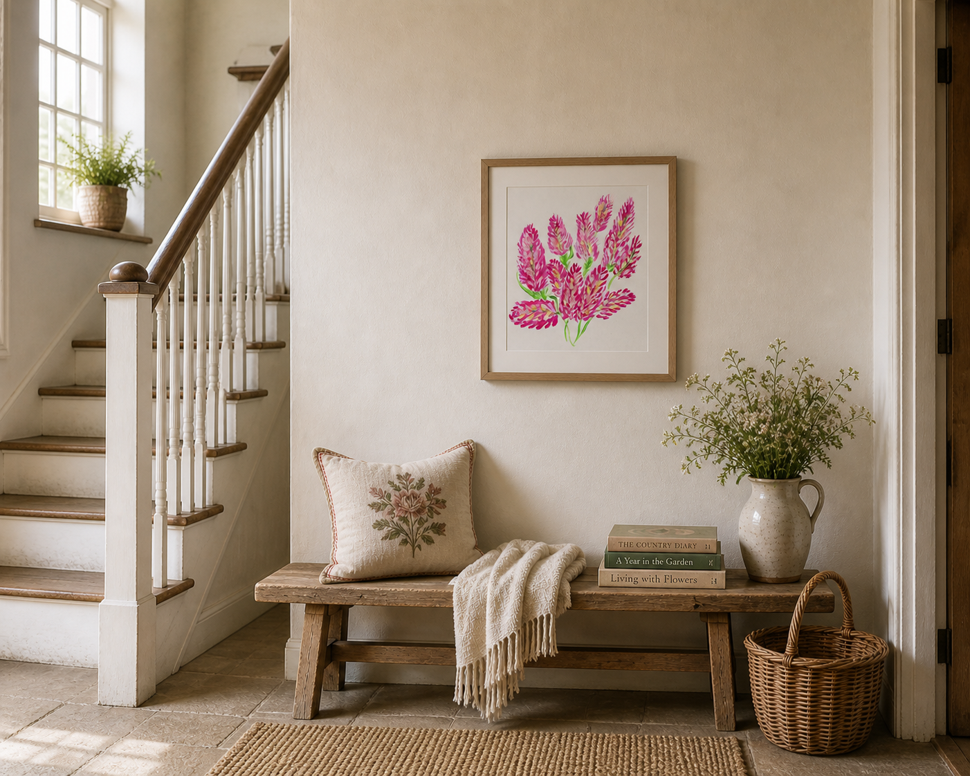 Pink flower print on a beige wall with hall decor. Floral flower painting to complement home design.
