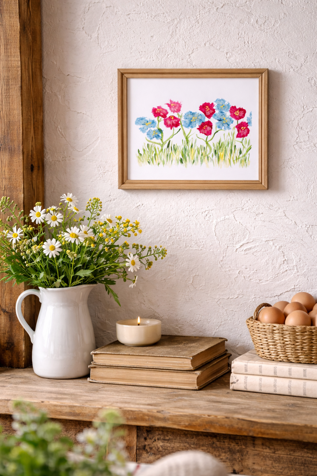 Pink and blue flowers in painting above a wooden shelf with a pitcher, books, and basket.