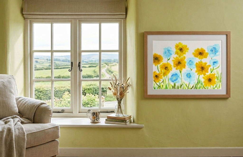 Living room with floral art and a window view, beige sofa. Blue and yellow wall art.