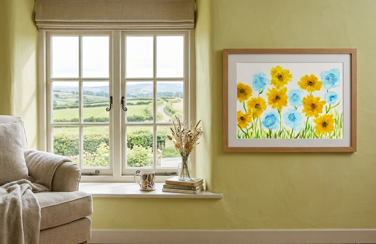 Living room with floral art and a window view, beige sofa. Blue and yellow wall art.