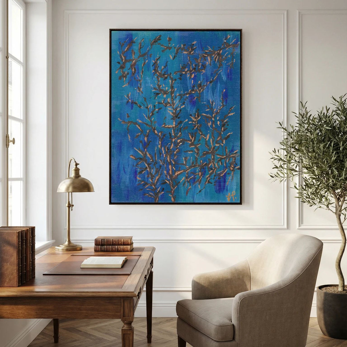 Canvas wall art print in deep blue with copper and brown highlights. Out of the Night. Pictured in a Parisian apartment in a study.