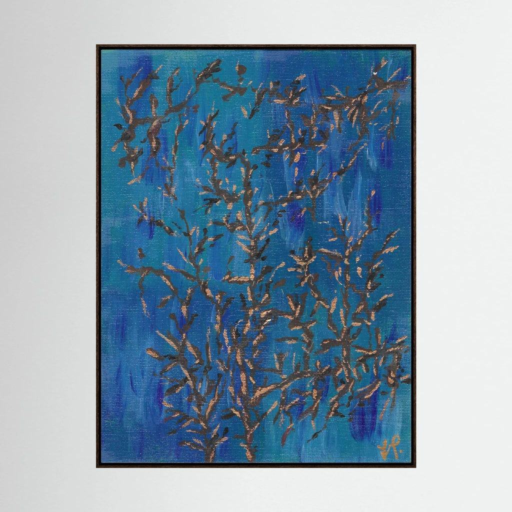 Out of the Night Canvas Wall Art Print in a black floating frame. Copper and brown highlights on a deep blue background.