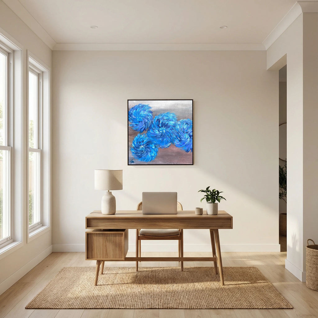 Canvas wall art print in home office, bold blue flower painting of modern art